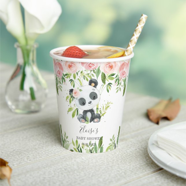Cute Panda Pink Floral Bamboo Baby Shower Birthday Paper Cups (Insitu)