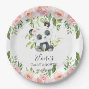 Cute Panda Pink Floral Bamboo Baby Shower Birthday Paper Plate