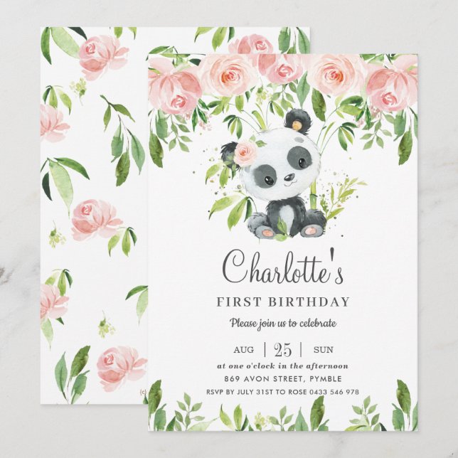 Cute Panda Pink Floral Greenery 1st Birthday Girl Invitation (Front/Back)