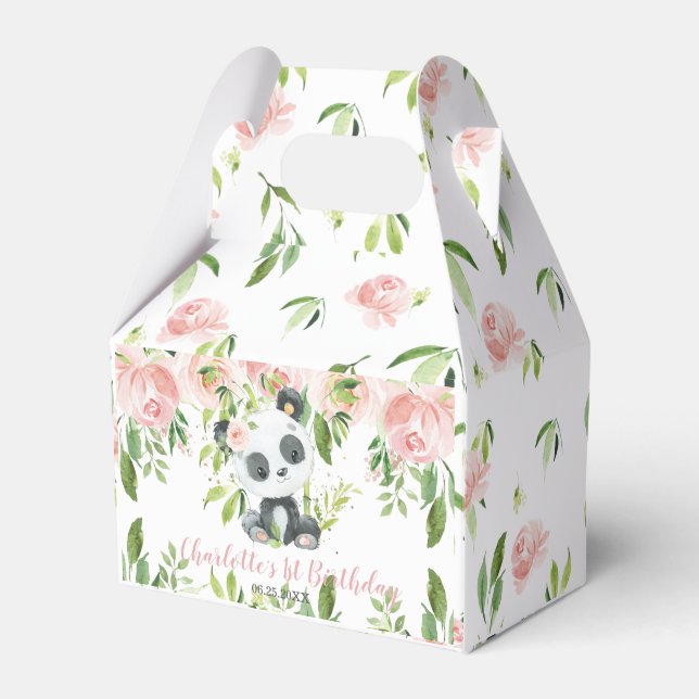 Cute Panda Pink Floral Greenery 1st First Birthday Favour Box (Front Side)