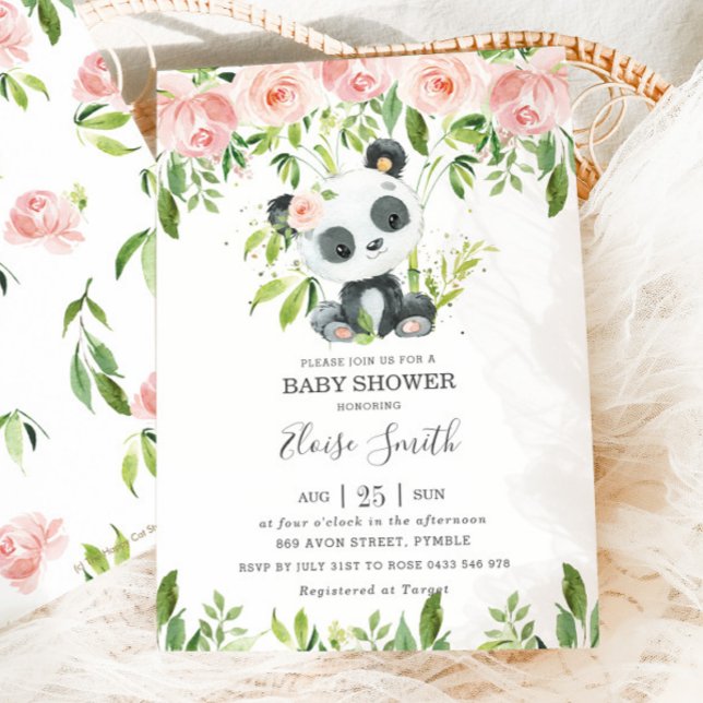 Cute Panda Pink Floral Greenery Baby Shower Girl Invitation (Creator Uploaded)
