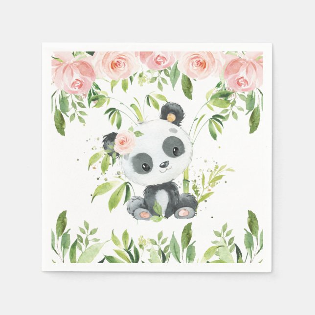 Cute Panda Pink Floral Greenery Baby Shower Party Napkin (Front)