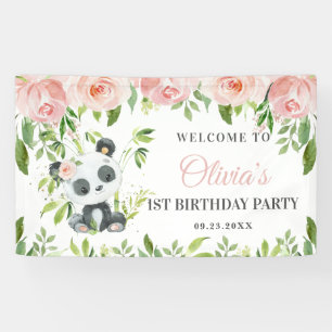 Cute Panda Pink Floral Greenery Bamboo Backdrop B Banner