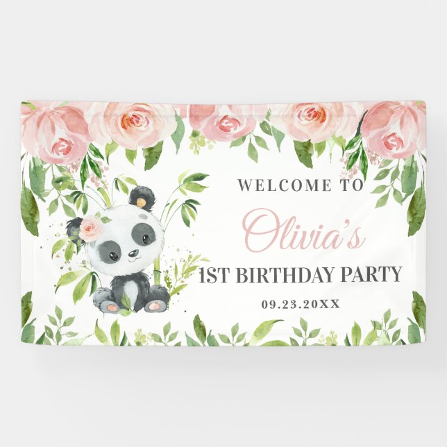 Cute Panda Pink Floral Greenery Bamboo Backdrop  B Banner (Horizontal)