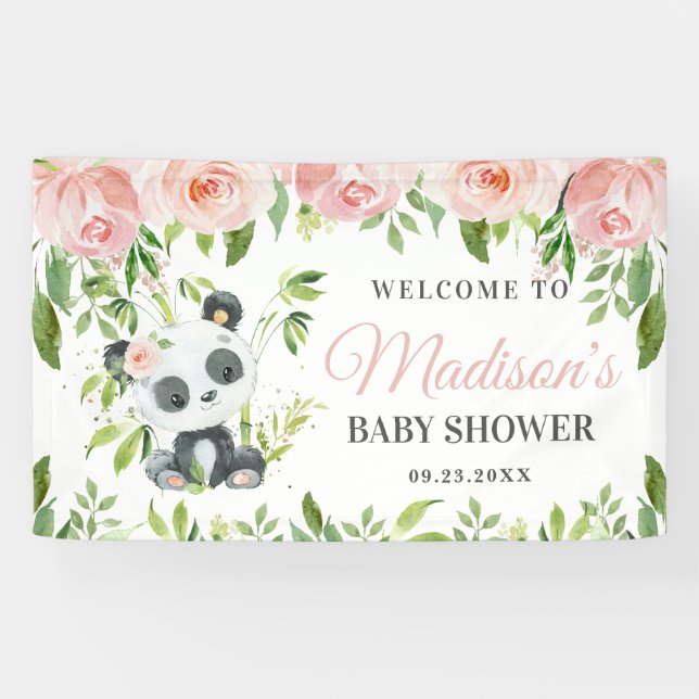 Cute Panda Pink Floral Greenery Bamboo Backdrop  Banner (Horizontal)