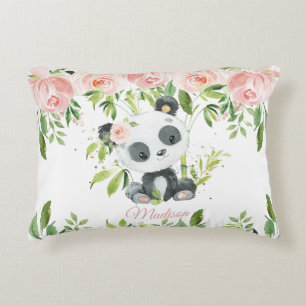 Cute Panda Pink Floral Greenery Bamboo Decorative Cushion