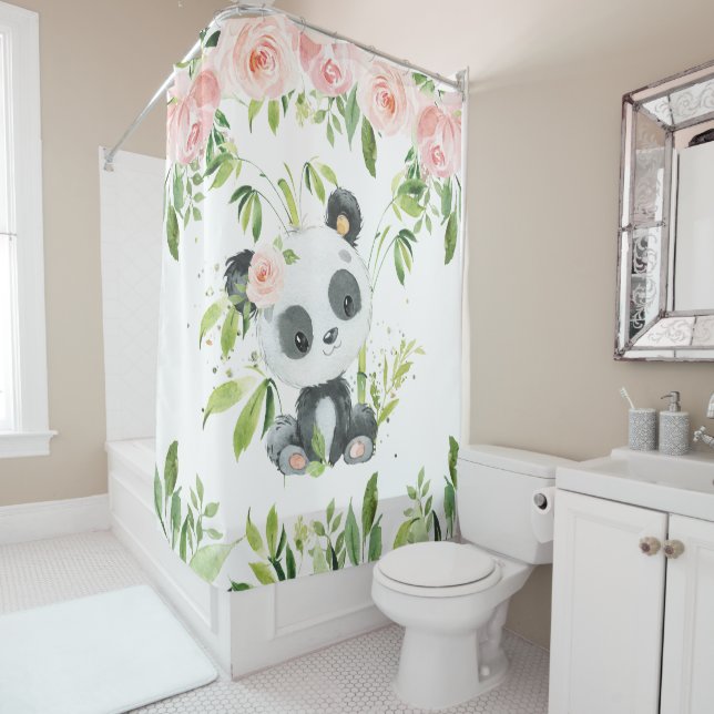 Cute Panda Pink Floral Greenery Bamboo Shower Curtain (In Situ)