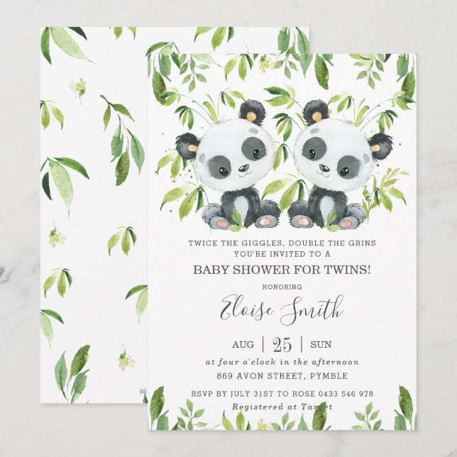 Cute Panda Pink Floral Twin Boys Twins Baby Shower Invitation (Front/Back)