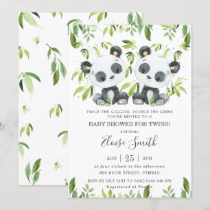 Cute Panda Pink Floral Twin Boys Twins Baby Shower Invitation