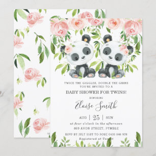 Cute Panda Pink Floral Twin Girls Baby Shower  Invitation