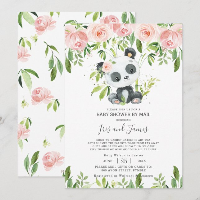 Cute Panda Pink Floral Virtual Baby Shower by Mail Invitation (Front/Back)