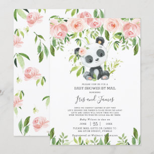 Cute Panda Pink Floral Virtual Baby Shower by Mail Invitation