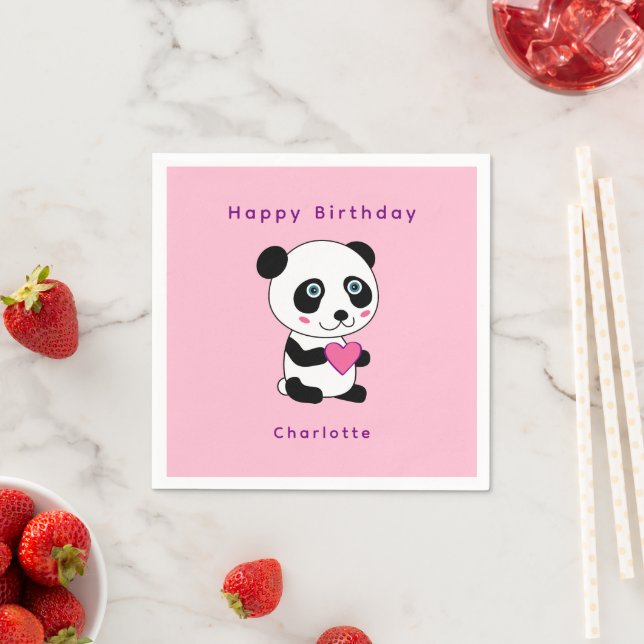 Cute Panda Pink Heart Birthday Personalised Name  Napkin (Insitu)