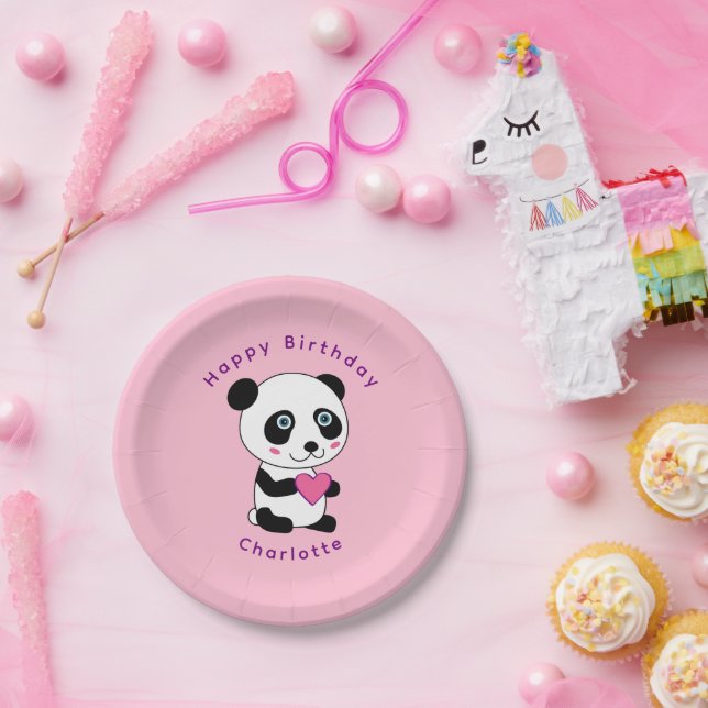 Cute Panda Pink Heart Birthday Personalised Name  Paper Plate (Party)