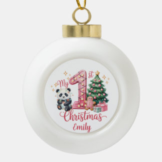 Cute Panda Pink My First Christmas Personalise  Ceramic Ball Christmas Ornament