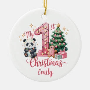 Cute Panda Pink My First Christmas Personalise  Ceramic Tree Decoration