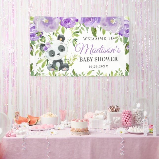 Cute Panda Purple Floral Greenery Bamboo Backdrop  Banner (Party)