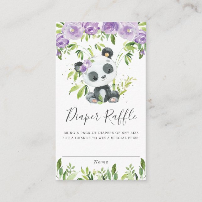 Cute Panda Purple Floral Greenery Diaper Raffle  Enclosure Card (Front)