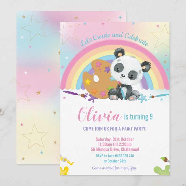 Cute Panda Rainbow Art Paint Birthday Party Girl Invitation (Front/Back)