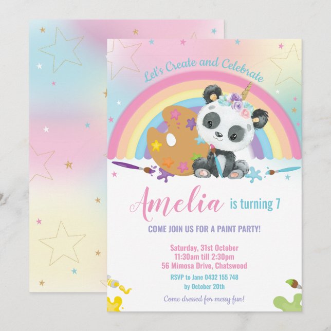 Cute Panda Rainbow Art Paint Birthday Party Girl Invitation (Front/Back)