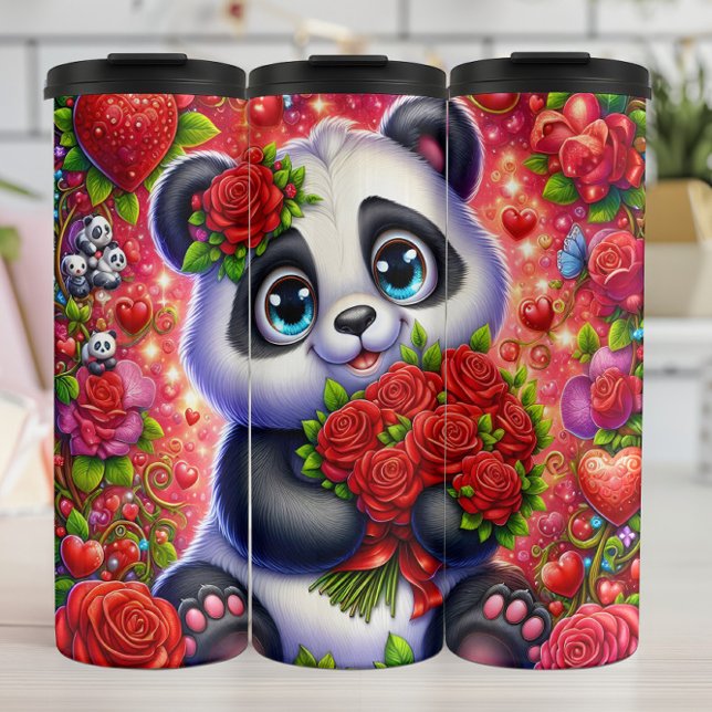 Cute Panda Red Rose Bouquet Wrap Thermal Tumbler (Creator Uploaded)