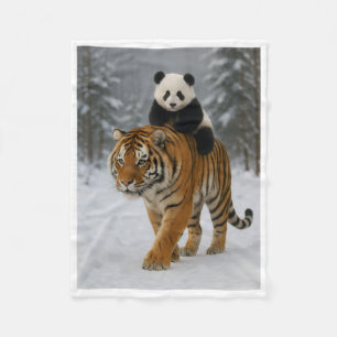 Cute Panda Riding a Tiger in Snowy Forest Throw Bl Fleece Blanket