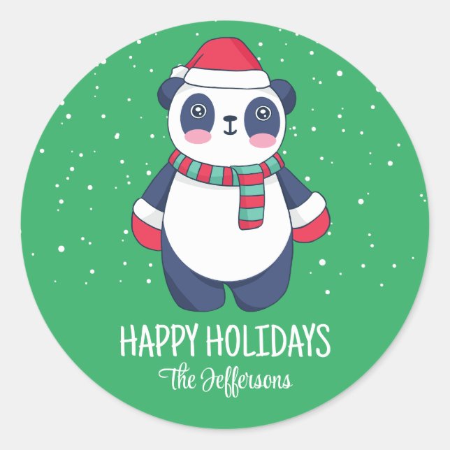 Cute Panda Santa Christmas Snowy Winter Holiday Classic Round Sticker (Front)