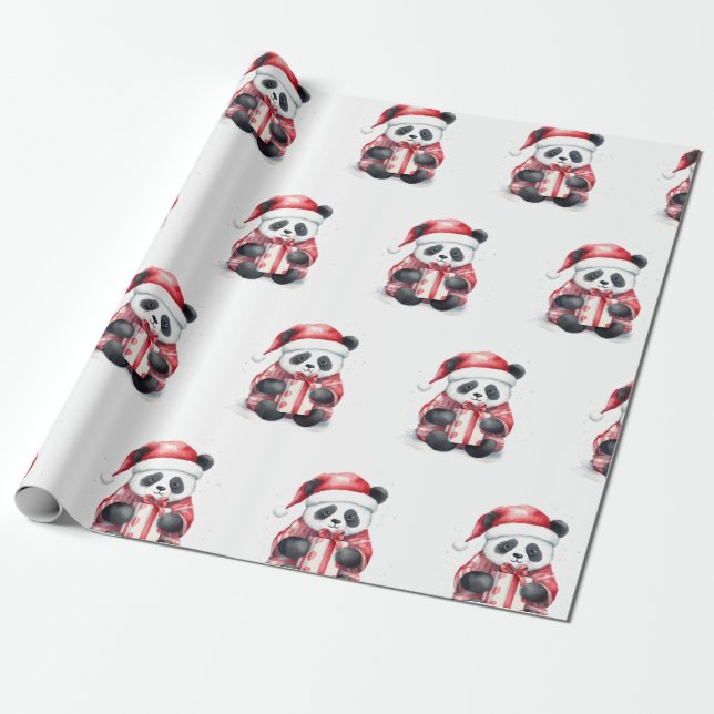 Cute Panda Santa Winter holiday pattern  Wrapping Paper (Unrolled)