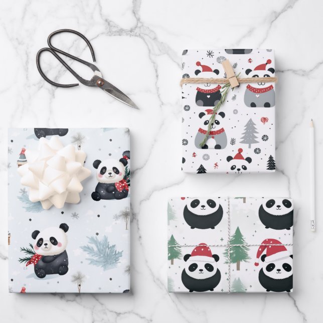 Cute Panda Santa Winter holiday pattern Wrapping Paper Sheet (Front)