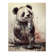 Cute panda singing through retro microphone