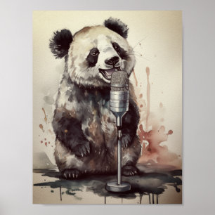 Cute panda singing through retro microphone poster