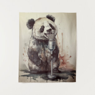 Cute panda singing through retro microphone tapestry