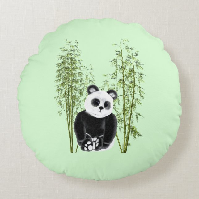 Cute Panda Sitting in Bamboo Round Cushion (Front)