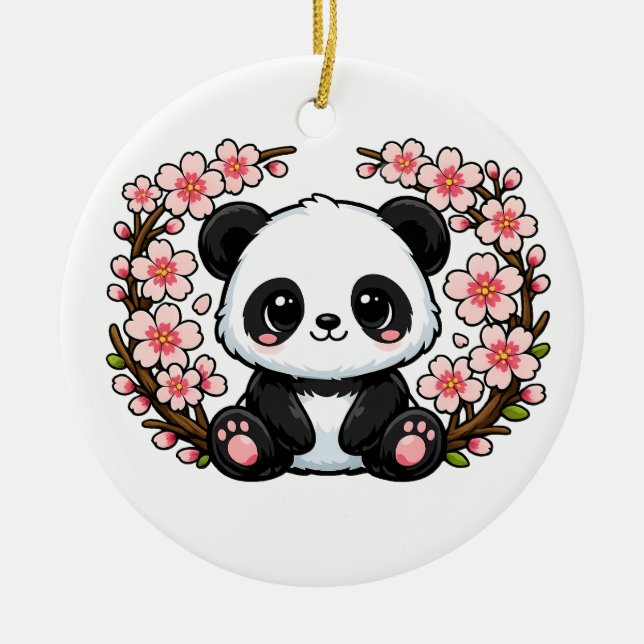 Cute Panda Sitting in Cherry Blossoms Ceramic Tree Decoration (Front)