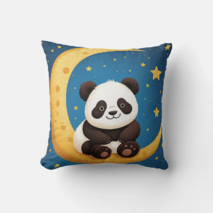 Cute Panda Sitting on a Golden Crescent Moon Cushion