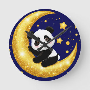 Cute Panda Sitting on a Golden Crescent Moon Round Clock