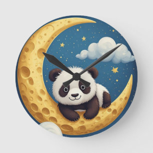 Cute Panda Sitting on a Golden Crescent Moon Round Clock