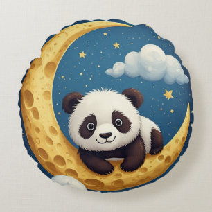 Cute Panda Sitting on a Golden Crescent Moon Round Cushion
