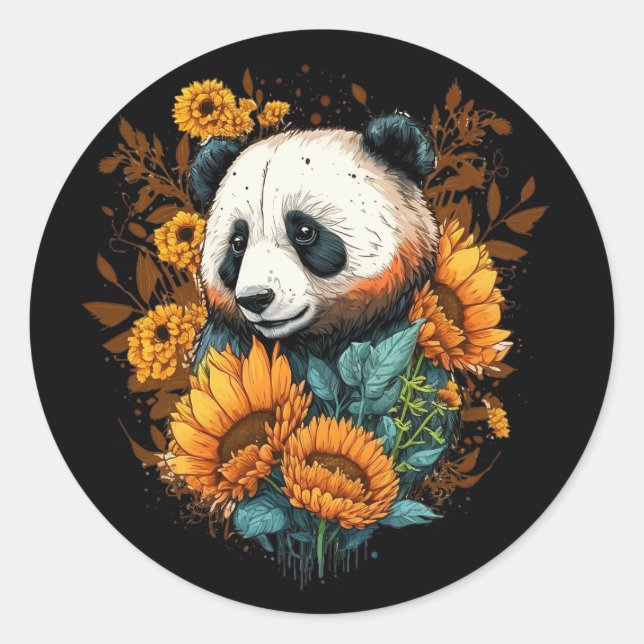 Cute Panda Sunflower Lover Drawing Art Classic Round Sticker (Front)