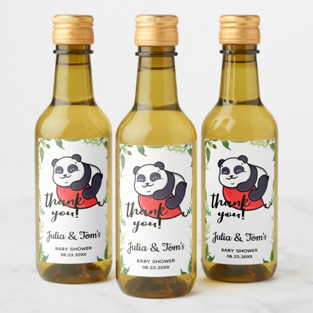 Cute Panda Thank You Baby Shower Mini Wine Label (Bottles)