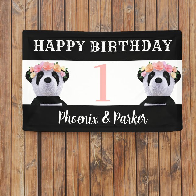 Cute Panda Twin Girl Boy Birthday Party Banner (A cute panda birthday banner just for you)