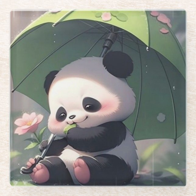 Cute Panda Under Umbrella Coaster | Kawaii Rainy D (Front)