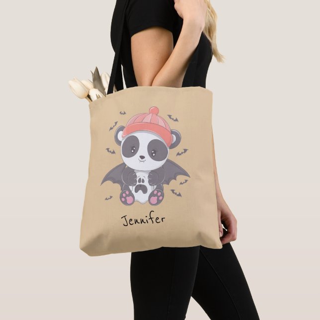 Cute Panda Vampire and Bats Gold Halloween Tote Bag (Close Up)