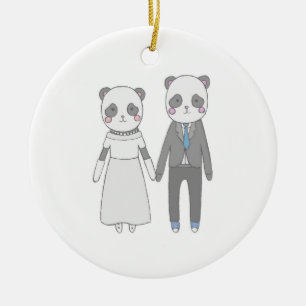 Cute Panda Wedding Couple – Kawaii Bride & Groom Ceramic Tree Decoration