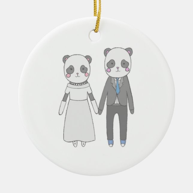 Cute Panda Wedding Couple – Kawaii Bride & Groom Ceramic Tree Decoration (Front)