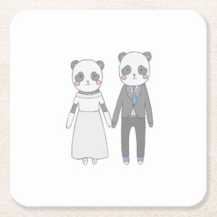 Cute Panda Wedding Couple – Kawaii Bride & Groom Square Paper Coaster