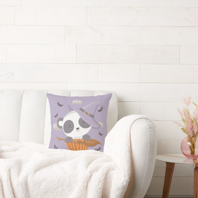 Cute Panda Witch and Bats Purple Halloween Cushion (Couch)