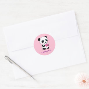 Cute Panda with a Pink Heart + Name Classic Round Sticker