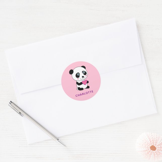 Cute Panda with a Pink Heart + Name Classic Round Sticker (Envelope)