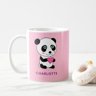 Cute Panda with a Pink Heart + Name Coffee Mug